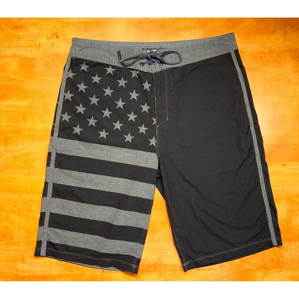 Hurley Buckle Mens‎ Board Shorts 30 American Flag Stars Stripes Black Gray Swim